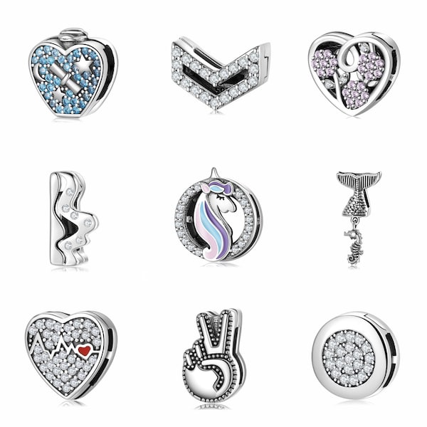 Wow Charms 925 Sterling Silver | Reflection Clips Heart Einhorn Pink Flowers Stars Moon Beads | Charms Reflection fit for Pandora Bracelets.