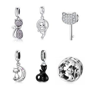 Wow Charms 925 Sterling Silver Charms Cute kitten Cat Lover Black Cat Zircon Stone Beads Pendants. Charms fit for Pandora bracelets.