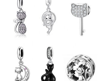 Wow Charms 925 Sterling Silver Charms Cute kitten Cat Lover Black Cat Zircon Stone Beads Pendants. Charms fit for Pandora bracelets.