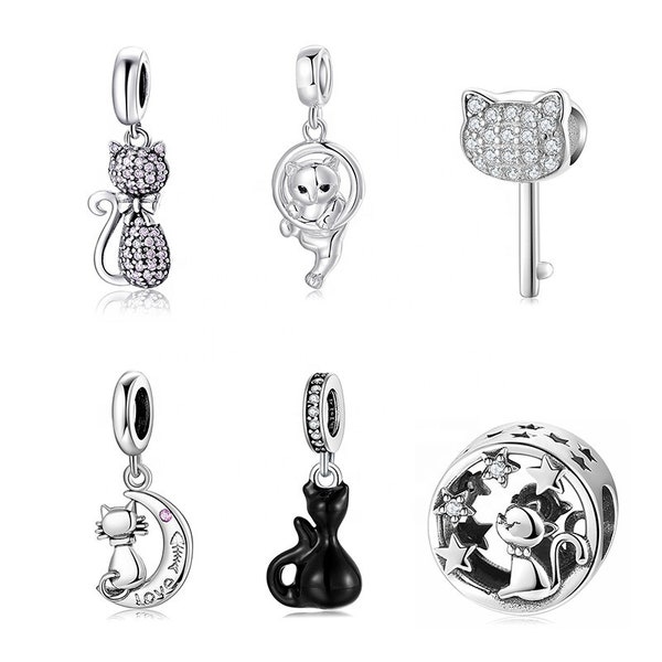 Wow Charms 925 Sterling Silver Charms Cute kitten Cat Lover Black Cat Zircon Stone Beads Pendants. Charms fit for Pandora Bracelets.