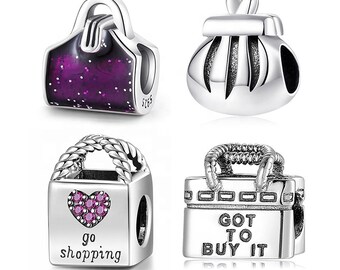 Wow Charms 925 Sterling Silver Charms Go Shopping Square Handbag Travel Heart Zircon Stone Beads. Charms fit for Pandora bracelets.