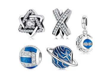 Wow Charms 925 Sterling Silver Charms Curved Moon and Blue Planet Rotatable Enamel Beads. Charms fit for Pandora bracelets.