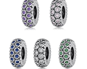 Wow Charms 925 Sterling Silver | Clip & Stoppers Flower White Blue Green Pink Zircon Spacer Stopper Beads | Charms fit for Pandora bracelets
