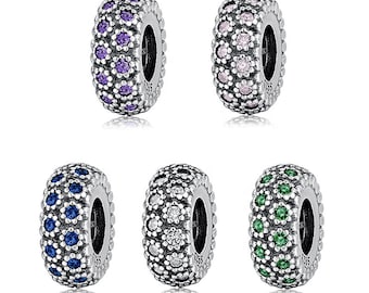 Wow Charms 925 Sterling Silver | Clip & Stoppers Flower White Blue Green Pink Zircon Spacer Stopper Beads | Charms fit for Pandora Bracelets