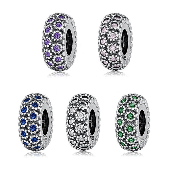 Wow Charms 925 Sterling Silver | Clip & Stoppers Flower White Blue Green Pink Zircon Spacer Stopper Beads | Charms fit for Pandora Bracelets