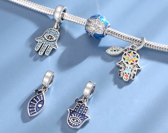 Wow Charms 925 Sterling Silver Charms Hand of Fatima Evil Blue Eye Zircon Stone Enamel Beads Pendants. Charms fit for Pandora bracelets.