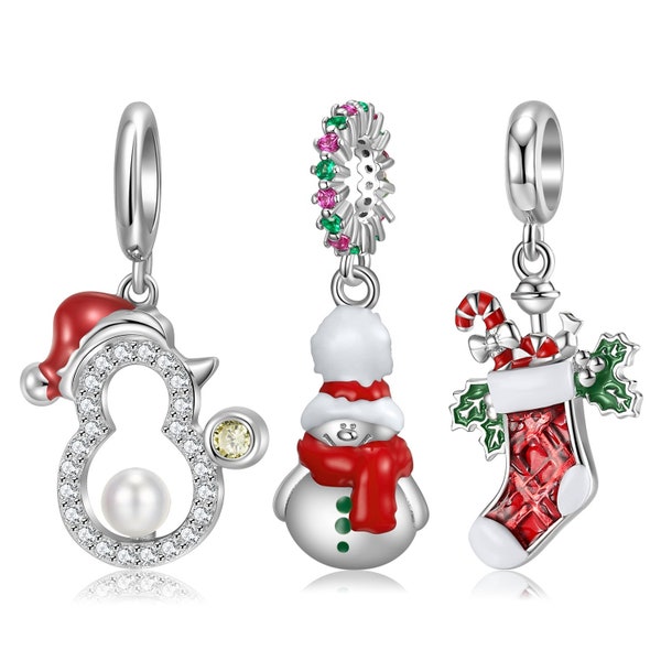 Wow Charms 925 Sterling Silver | Charm Pendant Snowman Bell Candy Socks Enamel Beads | Charms fit for Pandora Christmas Gifts for Women New.