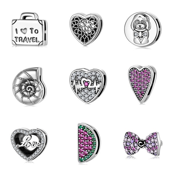 Wow Charms 925 Sterling Silver | Reflection Clips Heart I Love to Travel Beads | Charms Reflection fit for Pandora Bracelets.