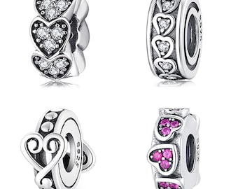 Wow Charms 925 Sterling Silver | Silver Clip & Stoppers Hearts Zircon Stone Spacer Stopper Beads | Charms fit for Pandora Bracelets.