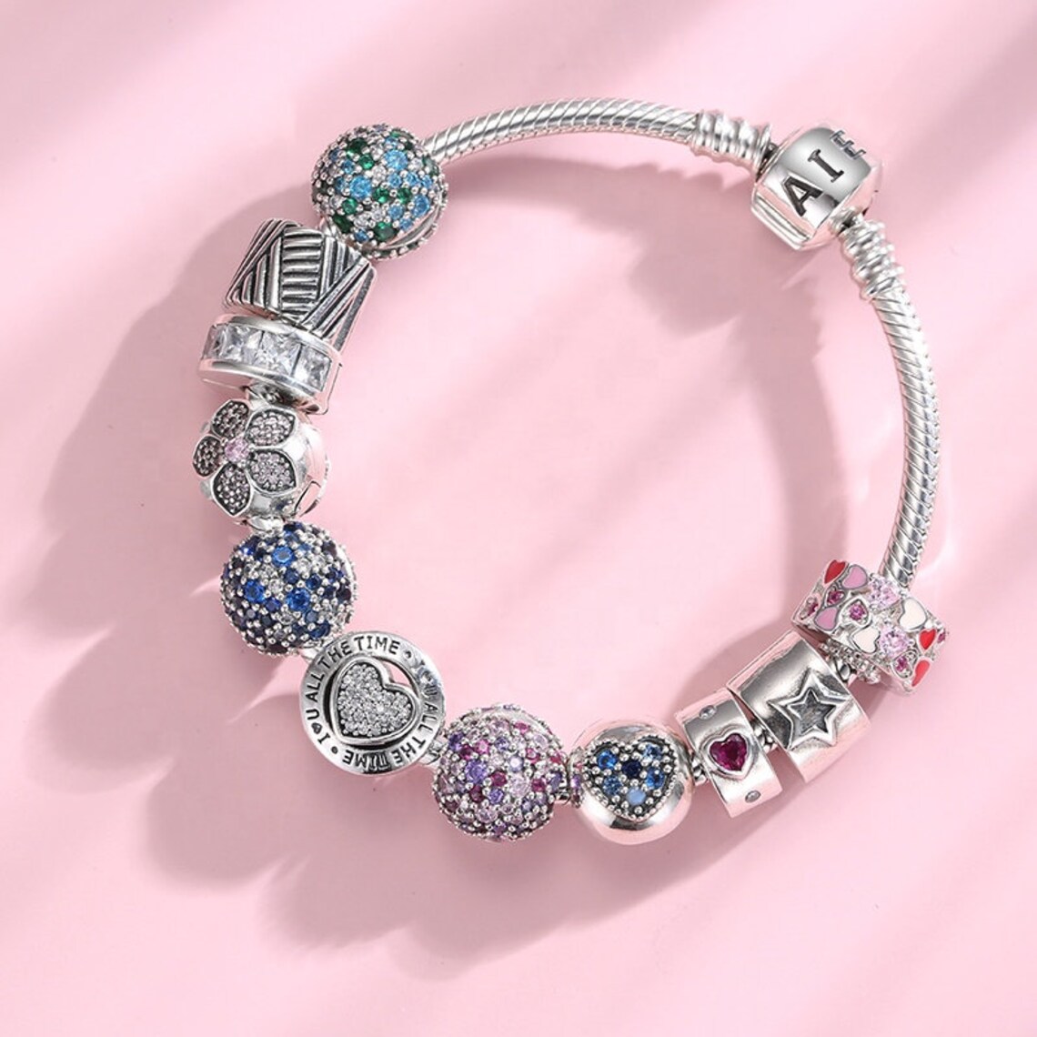 Forever Love Rainbow Clip Stopper Charm For Bracelets - S925 Sterling Silver