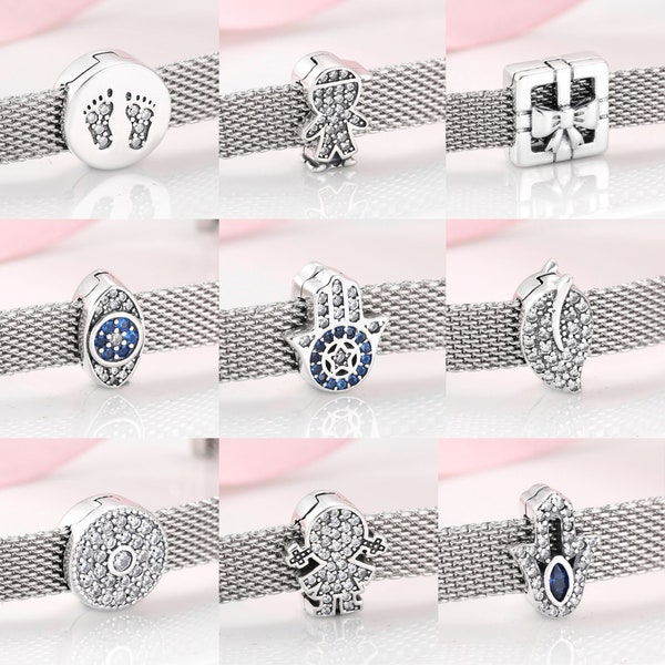 Wow Charms 925 Sterling Silver | Reflection Clips Boy Girl Fatima Hand Blue Eye Zircon Beads | Charms Reflection fit for Pandora Bracelets.
