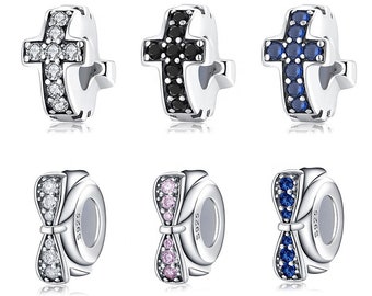 Wow Charms 925 Sterling Silver | Silver Clip & Stoppers Cross Zircon Stone Spacer Stopper Beads | Charms fit for Pandora Bracelets.
