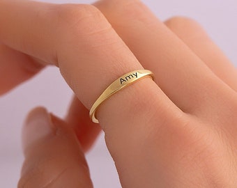 Sterling Silver Dainty Name Ring, Initial Custom Delicate Stacking Solid Gold Ring, Personalised Mother Gift, Gift for Her, Christmas Gift