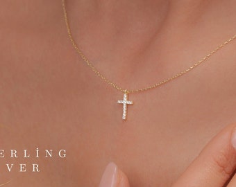 Gouden kruisketting, sierlijke zilveren kruisketting voor vrouwen, christelijke ketting, religieuze ketting, cadeau voor moeder, haar, grootmoeder cadeau