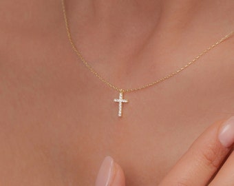 Cross Pendant Necklace, 925K Sterling Silver & 14k Solid Gold Cross, Cubic Zirconia Dainty Gold Cross for Women and Her, Religious Jewellery