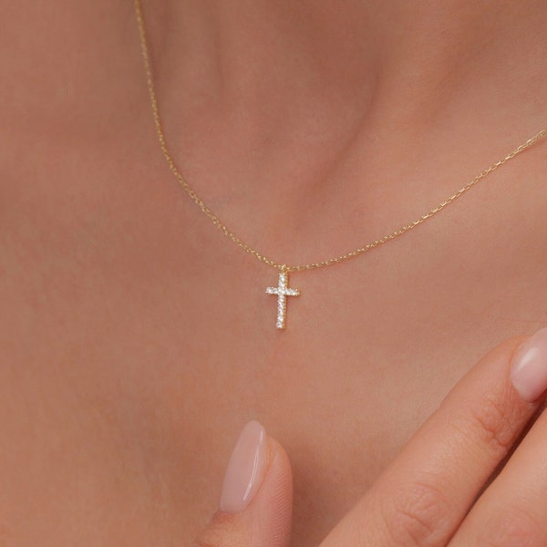 Cross Pendant Necklace, 925K Sterling Silver & 14k Solid Gold Cross, Cubic Zirconia Dainty Gold Cross for Women and Her, Religious Jewellery