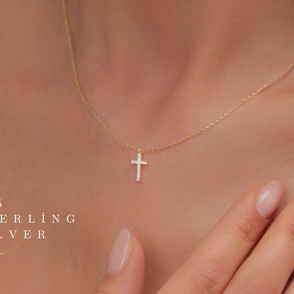 Cross Pendant Necklace, 925K Silver, Cubic Zirconia, 14k Gold Plated, Layering, Dainty Gold Cross for Women & Mom, Religious Jewellery, USA