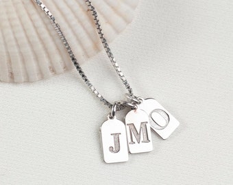 Silver Initial Tag Necklace, Family Gold Necklace for Mother, Unique Custom Engrave Letter Pendant, Dainty Multi Tags Necklace