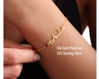 Personalized Gold Silver Birthstone Bracelet With Custom Name