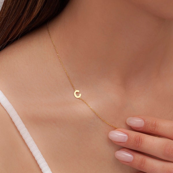 14k Solid Gold Sideways Initial necklace, Personalised Jewellery, White Gold Letter Necklace, Gift for Mum, Gift for Her, Last Minute Gift