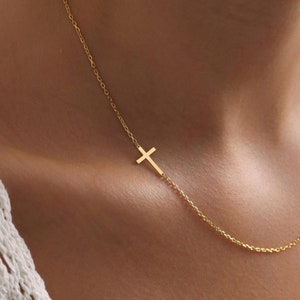Gold Cross Necklace, Sideway Silver Cross, Christmas Gift for Her, Gift for Mom & Child, Christian Necklace, First Communion