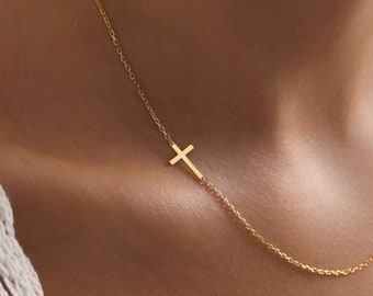 Gold Cross Necklace, Sideway Silver Cross, Christmas Gift for Her, Gift for Mom & Child, Christian Necklace, First Communion