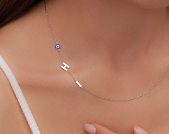 925er Silber, 14k solides Gold Sideway Initial Halskette, Evil Eye Brief Schmuck, personalisiertes Geschenk für sie, Mutter, Frauen, Muttertagsgeschenk