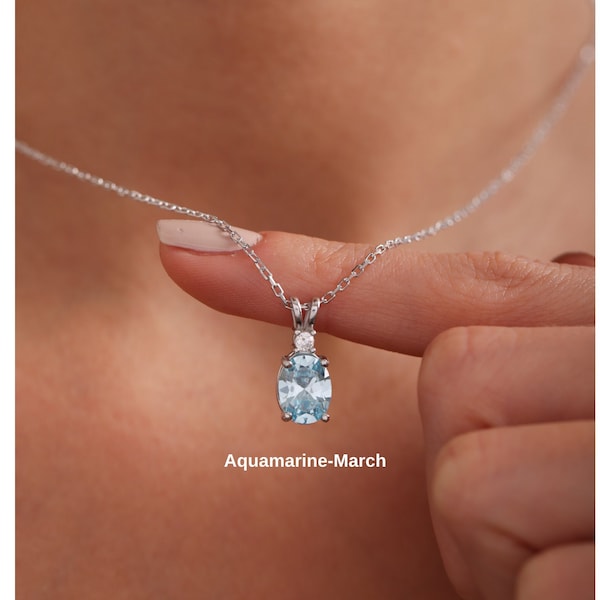 Aquamarine Necklace, March Birthstone Necklace for Her, Fine Jewelry, Mothers Day Gift, Custom Gemstone Pendant for Birthday Gift