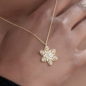 Sterling Silver Snowflake Necklace: Gold Diamond Pendant, Gift for Her