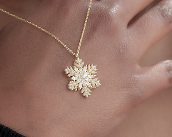 925 Silber Schneeflocke Halskette, Gold Schneeflocke Anhänger, Diamantschmuck, zierliches Geschenk für Sie, Geschenk für Mutter, Geburtstagsgeschenk für Frauen