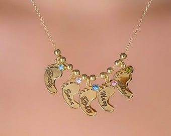 Personalised 3 Children Child Kid Feet Foot Birthstone Necklace Jewellery Silver