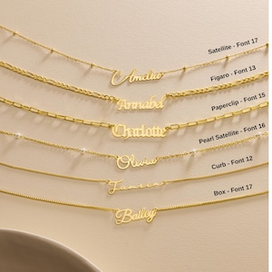 Könnte beinhalten: Eine Sammlung goldfarbener Namensketten mit verschiedenen Kettenstilen. Jede Halskette zeigt einen anderen Namen in einer einzigartigen Schriftart. Die Namen sind Amelia, Annabel, Charlotte, Olivia, Jamisen und Bailey. Schriftarten und Kettentypen sind beschriftet.