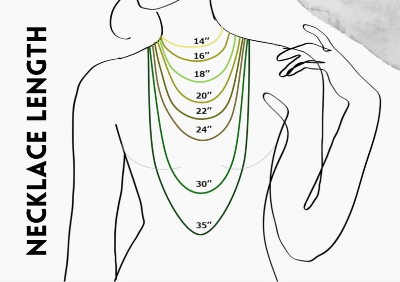 May include: A line drawing of a person wearing a necklace with different lengths marked in inches, from 14 inches to 35 inches.