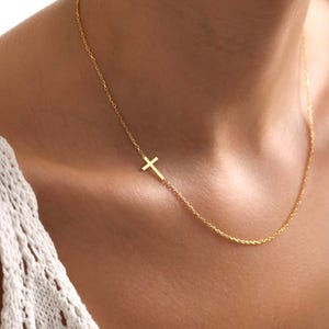 Sideways Cross Necklace, 925 Sterling Silver or Gold Vermeil, Dainty Faith Necklace, Minimal Layering Cross, Gift for Her