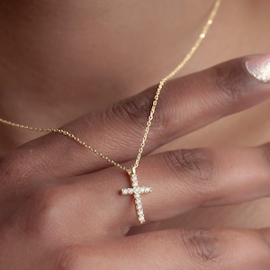 Cross Pendant Necklace, 925 Sterling Silver & 14ct Gold Cross, Cubic Zirconia Dainty Gold Cross for Women, Her, Girl, Religious Jewellery