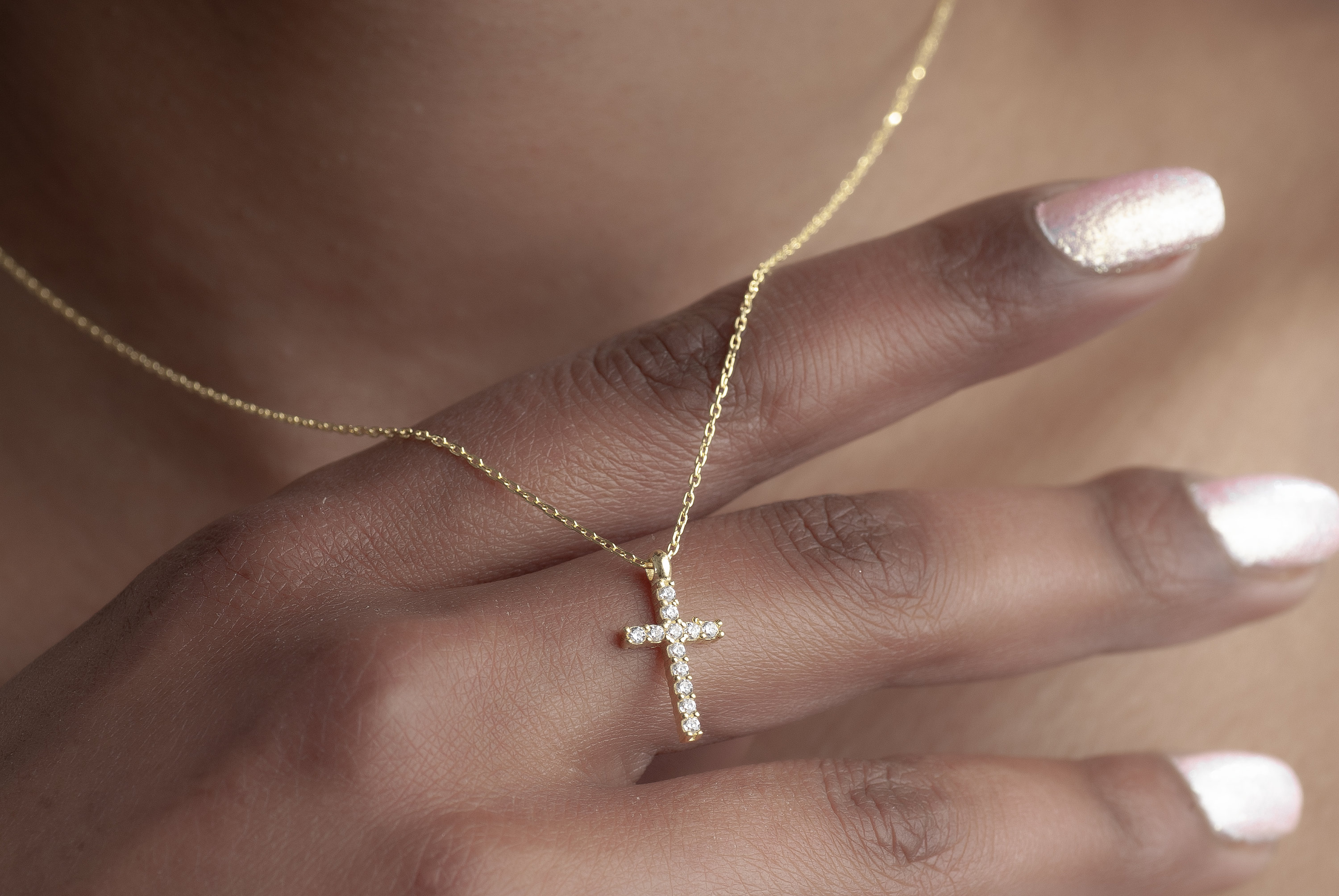 14K Gold Over 925 Sterling Silver Cross Pendant With Round Cut Cubic Zirconia – Infinique Creations