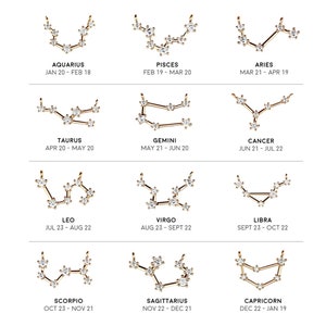 May include: A chart of the 12 zodiac signs with their corresponding dates. Each sign is represented by a constellation of gold stars with a gold chain.