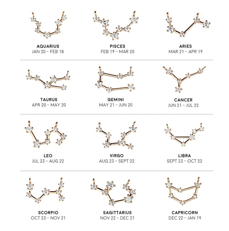 May include: A chart of the 12 zodiac signs with their corresponding dates. Each sign is represented by a constellation of gold stars with a gold chain.