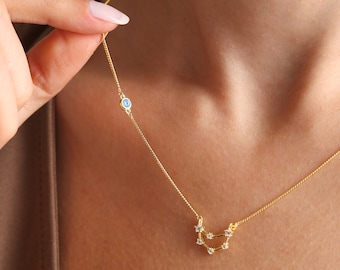 Sideway Birthstone Zodiac Signs Necklace with Curb Chain, Birthday Gift for Her, Constellation Jewelry, Mother Day Gift, Women