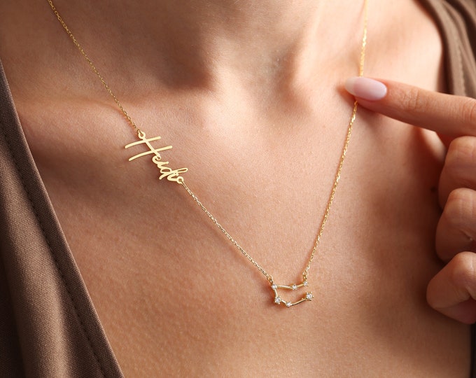 Zodiac necklace with name, Gold constellation name necklace, Sagittarius, Scorpio, Libra zodiac jewelry, Gift for women, Mother day gift