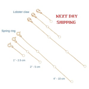 Peut inclure: Quatre chaînes d'extension dorées avec des fermoirs à ressort et des fermoirs à griffe de homard. Les chaînes mesurent 2,5 cm, 5 cm et 10 cm de long. LIVRAISON LE JOUR SUIVANT.