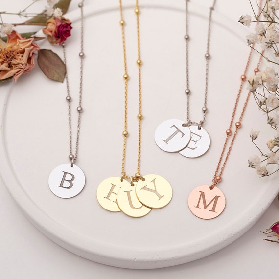 Gold Initial Disk Necklace With Birthstone Silver Satellite Chain