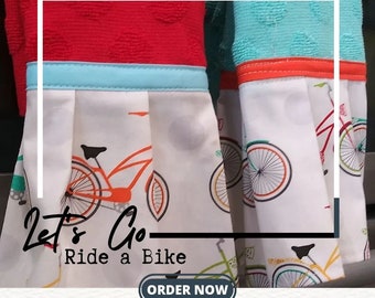 Let's Go Ride A Bike! Set of two dish towels; 100% cotton