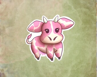 May include: A cartoon sticker of a small cow with a white and pink spotted pattern. The cow has two small white horns, large dark eyes with visible eyelashes, a light pink snout, and a thin tail with a tuft at the end, all outlined in white.