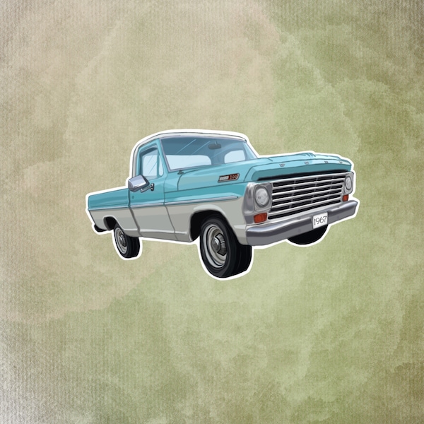 Ford f100 or f250 classic truck 1967 waterproof decal sticker for laptop waterbottle. Drawn by A. Camps red or blue