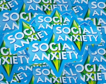 May include: A collection of stickers with the words "SOCIAL ANXIETY" in white, outlined in blue. The stickers have a speech bubble shape with a house icon. The background has a green and yellow gradient.