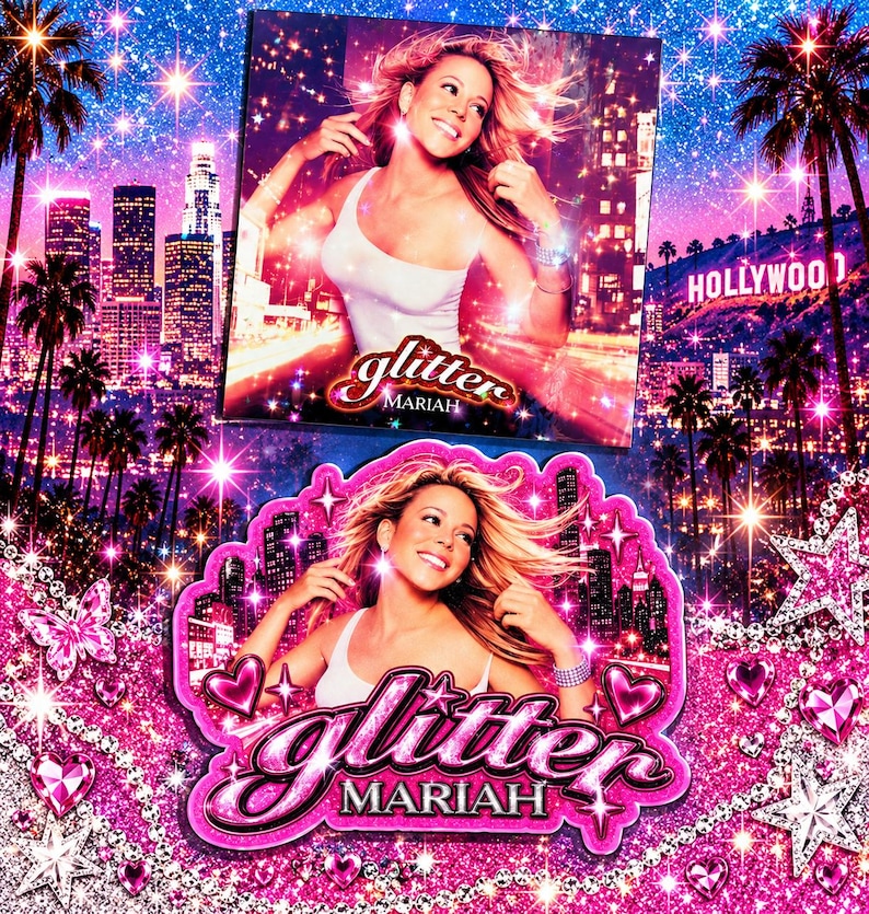 May include: A square album cover and a die-cut sticker featuring Mariah Carey in a white tank top against a pink and blue city skyline. The text reads glitter MARIAH in a stylized font. The design includes sparkling stars, hearts, and butterflies.