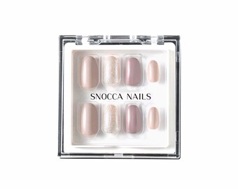 30 pcs Reusable Press On Nails Short Round | Press On Nails set With Glue | Fake Nail Box | Medium Ready To Ship Mauve Purple Gray Glitter