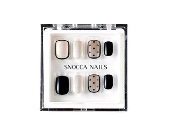 30 pcs Reusable Press On Nails Short Square | Press On Nails set With Glue | Fake Nail Box | Medium Ready To Ship Polka Dot Black Nude