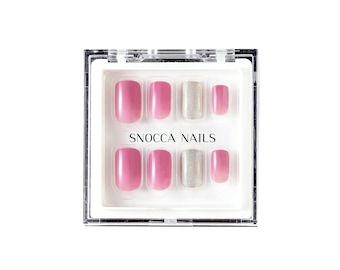 30 pcs Reusable Press On Nails Short Square | Press On Nails set With Glue | Fake Nail Box | Medium Length Ready To Ship Pink Glitter